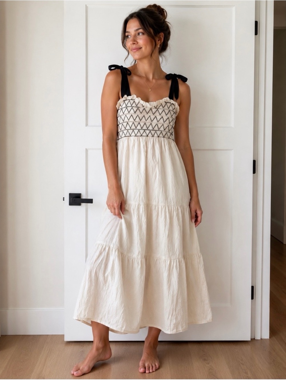 Audrey Parks Cream Colored Maxi Dress with Black Ties
